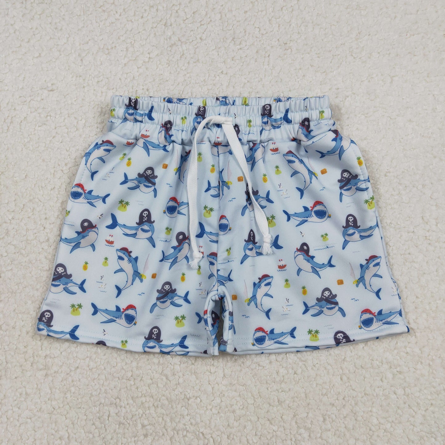 RTS NO MOQ(In Stock) Pirate Shark Light Blue Swim Trunks