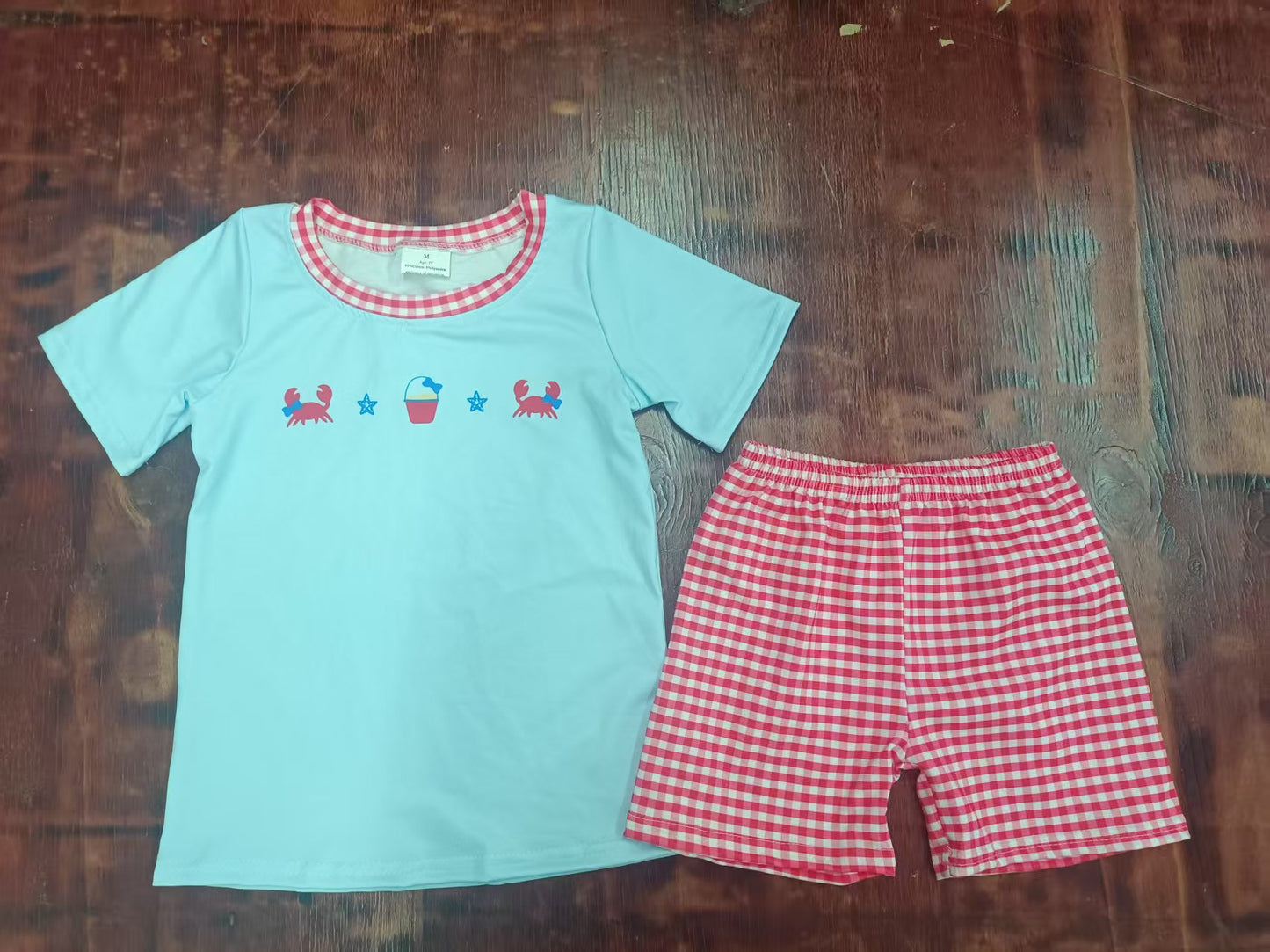 Custom moq 3 eta 6-7weeks baby boys clothes crab blue short Sleeve shorts sets