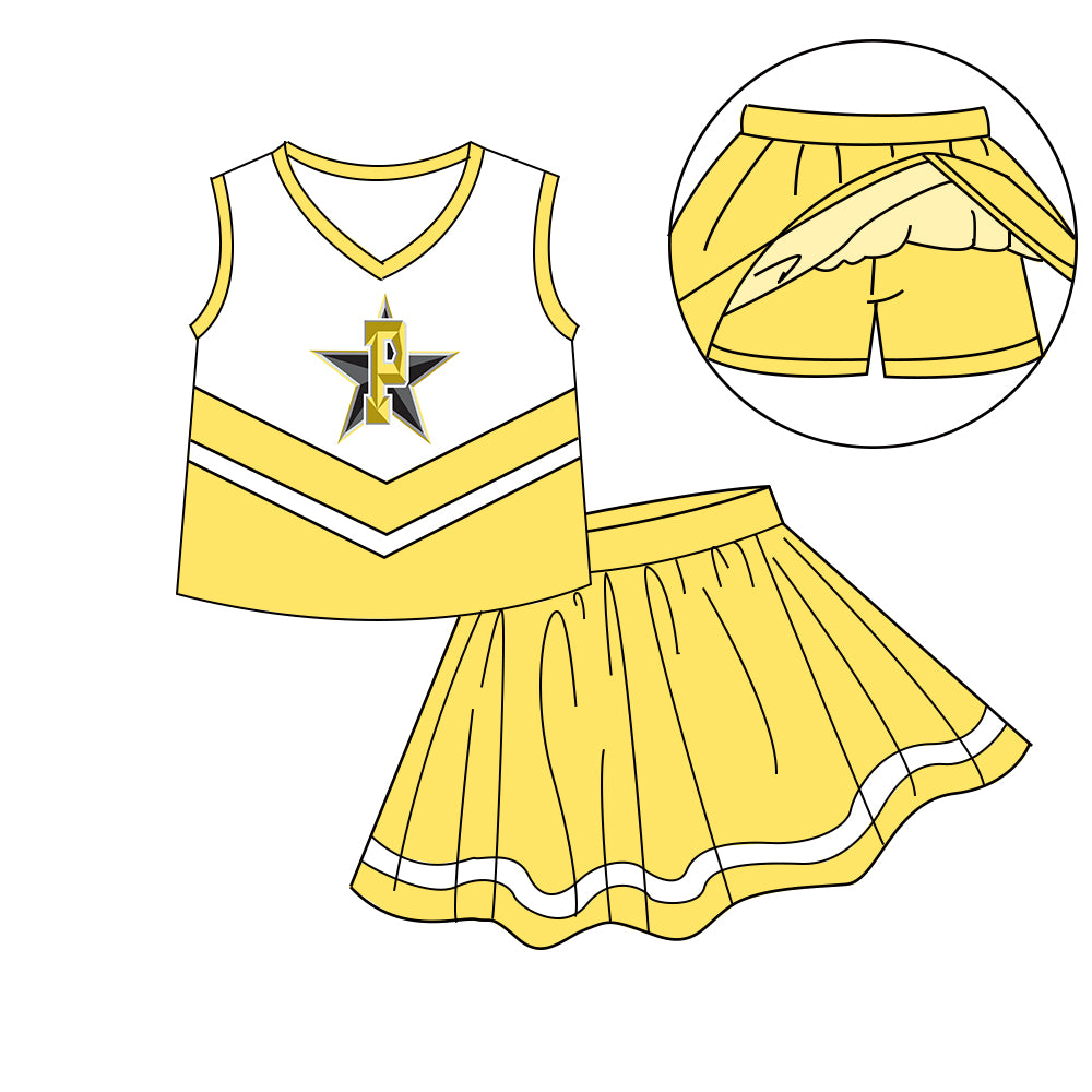 Custom moq 5 mix size milk silk eta 6-8weeks summer team yellow baby girls clothes team sleeveless skirts shorts sets-25.7.11