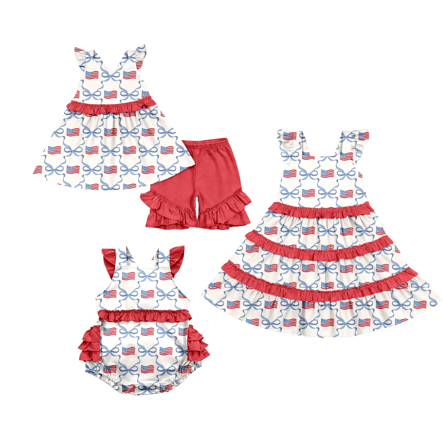 Custom moq 5 mix size Sibling Baby Girl's Floral Print red Short-Sleeved Top And Shorts Set Cute Romper Dress for Spring Summer