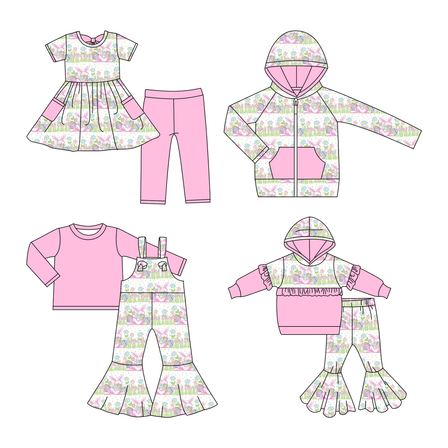 25.11.7 custom each style moq 5 eta 6-8week Sibling Sisters bunny floral baby girl hooded long sleeve pants sets and top and and short pants sets and jumpsuit set match family design