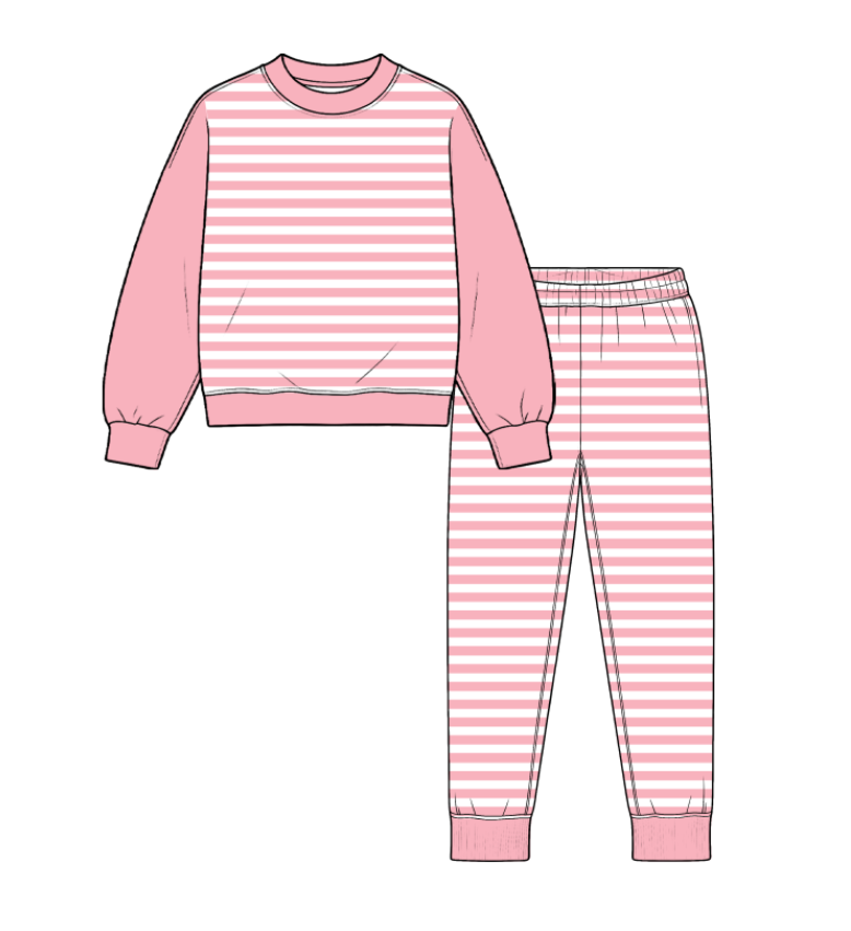 custom moq 5 mix size Baby Kids Pink White Stripe Crew Neck Long Sleeve Top And Matching Jogger Pants Casual Set