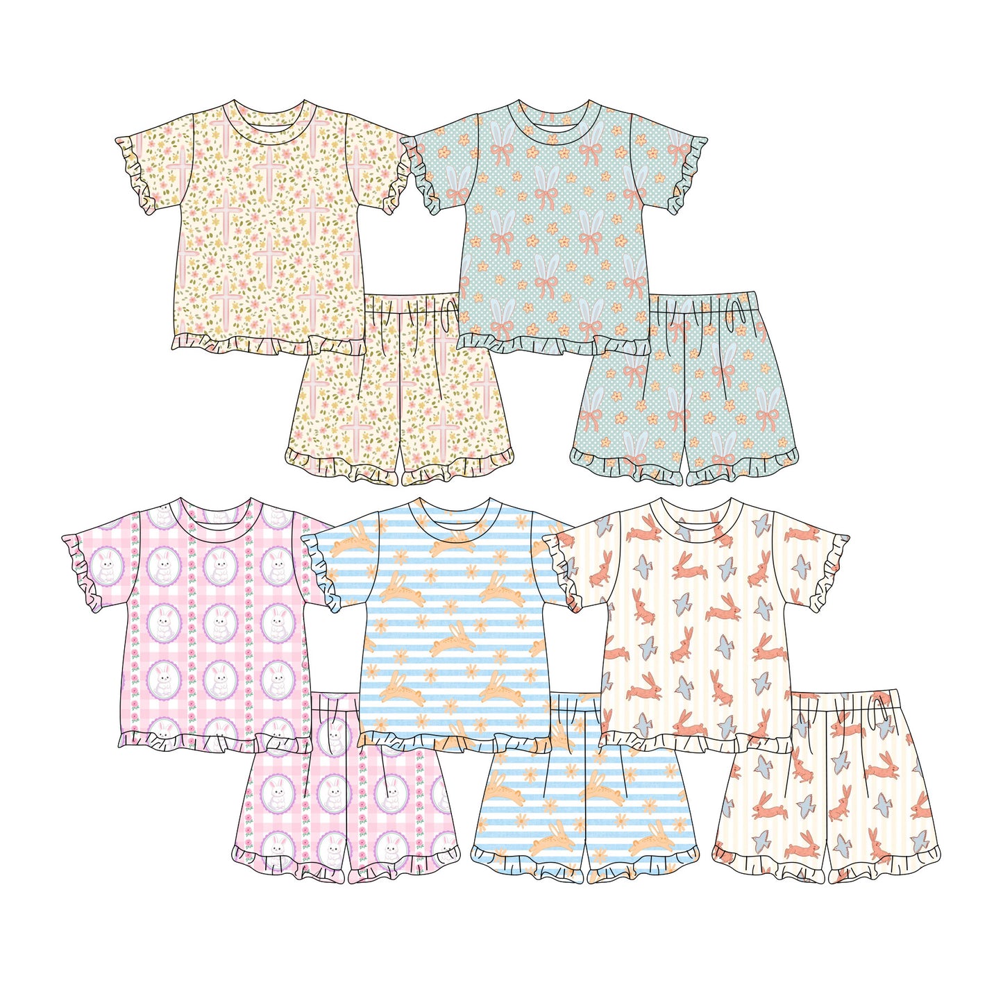Custom moq 5 mix size Sibling Baby Girl's Print Short-Sleeved Top And Shorts Set Cute And Comfortable Outfit