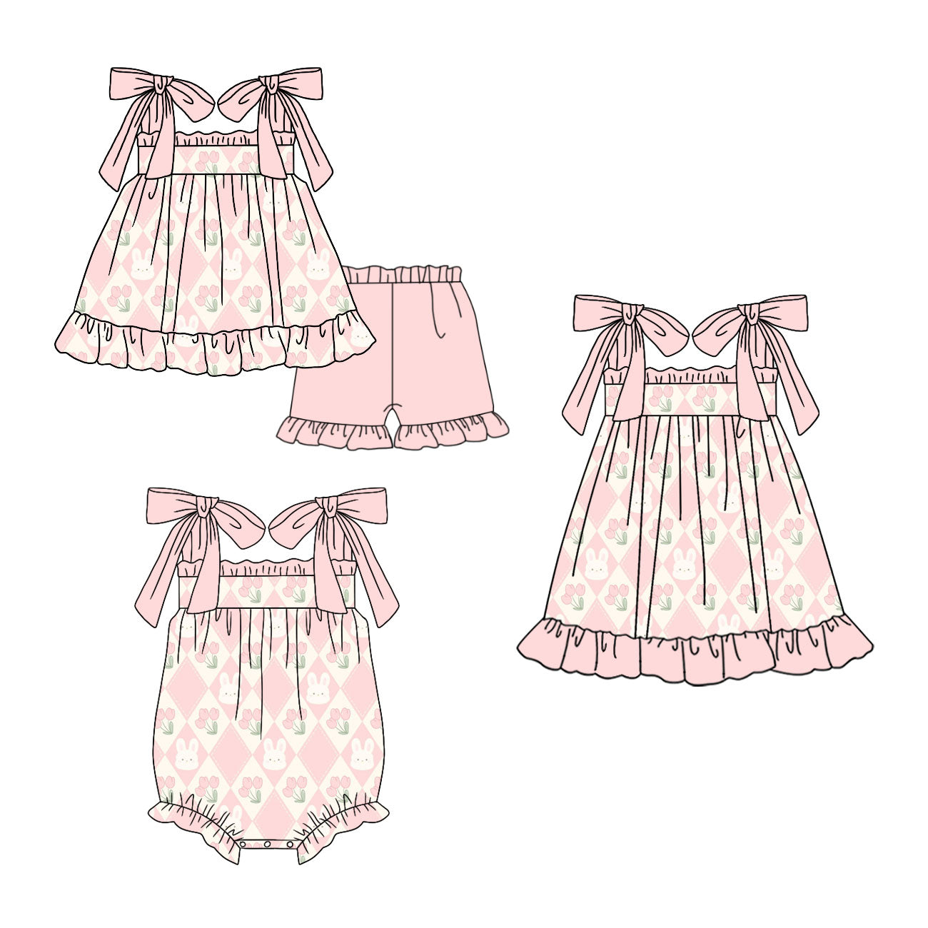 25.10.23 custom each style moq 5 eta 6-8week Sibling Sister bunny floral bow baby short sleeve shorts sets and romper and dress match design