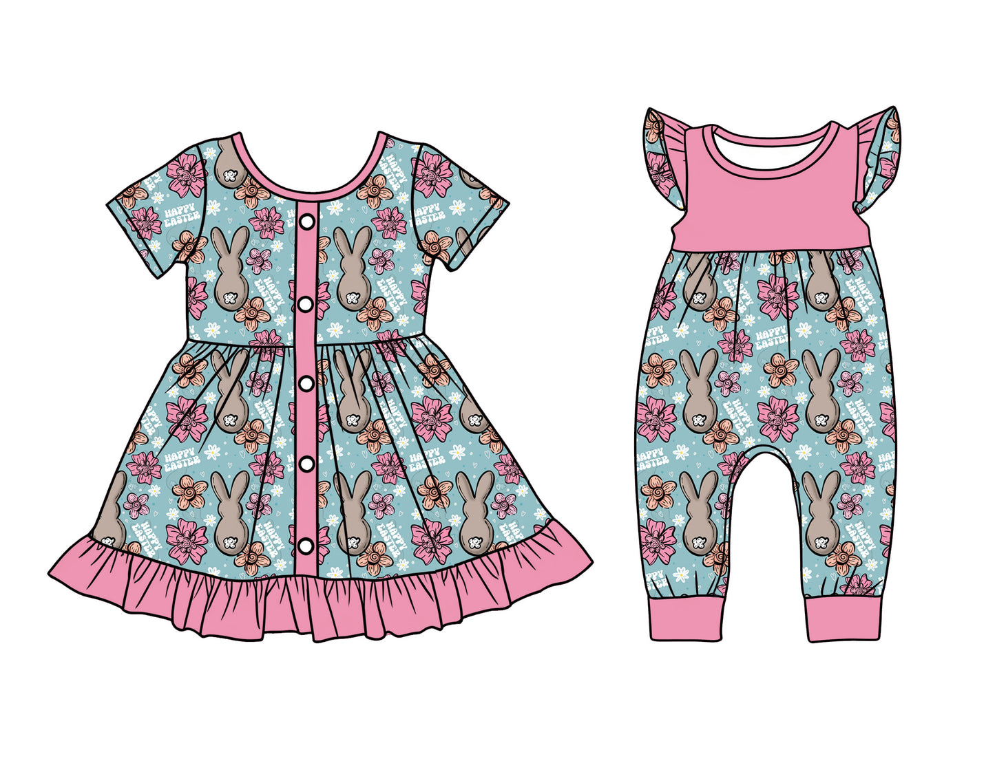 26.1.13 custom each style moq 5 eta 6-8week Sibling Sister bunny baby short sleeve romper and dress match design
