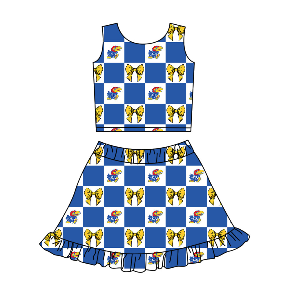 Custom moq 3 or 5 mix size milk silk summer teams baby girl clothes bow blue sleeveless skirts sets-26.1.24