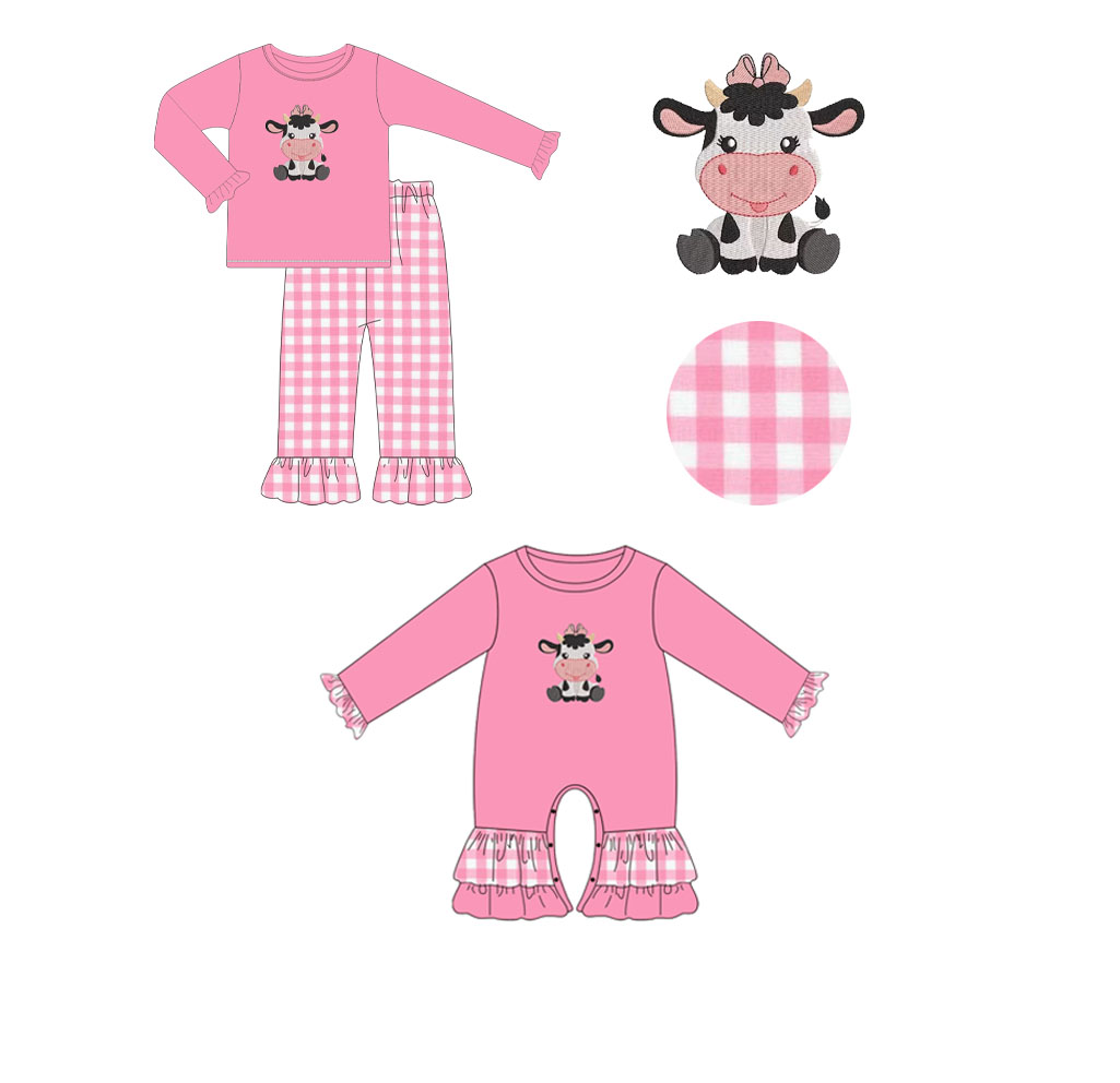 5.20custom each style moq 5eta 4-5week Sibling Sister cow prints pink plaid girls outfits and baby romper match family design