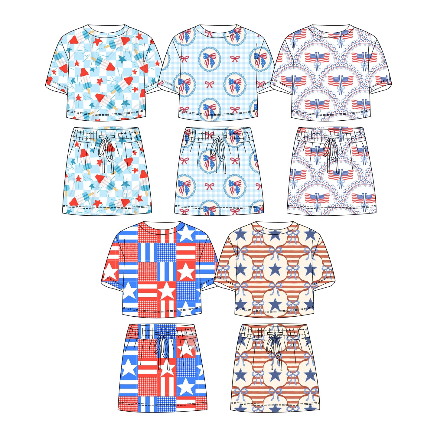 Custom moq 5 mix size Sibling Baby Girl Short-Sleeved Top And Skirt Set Cute And Fashionable 4th of July Outfit for Little Ones