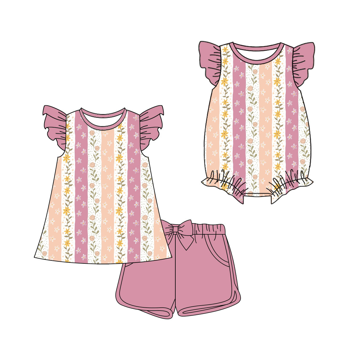 3.21 Custom moq 5 mix size Sibling Cute Clothes Baby Girl's Stripe Flutter Sleeve Top And Short Set Matching Romper for Summer
