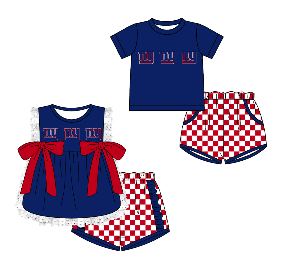Custom moq 5 mix size milk silk summer teams Navy Blue Girl Sleeveless Top And Plaid Shorts Set with Bow Boy Short Sleeved Top And Plaid Shorts Set