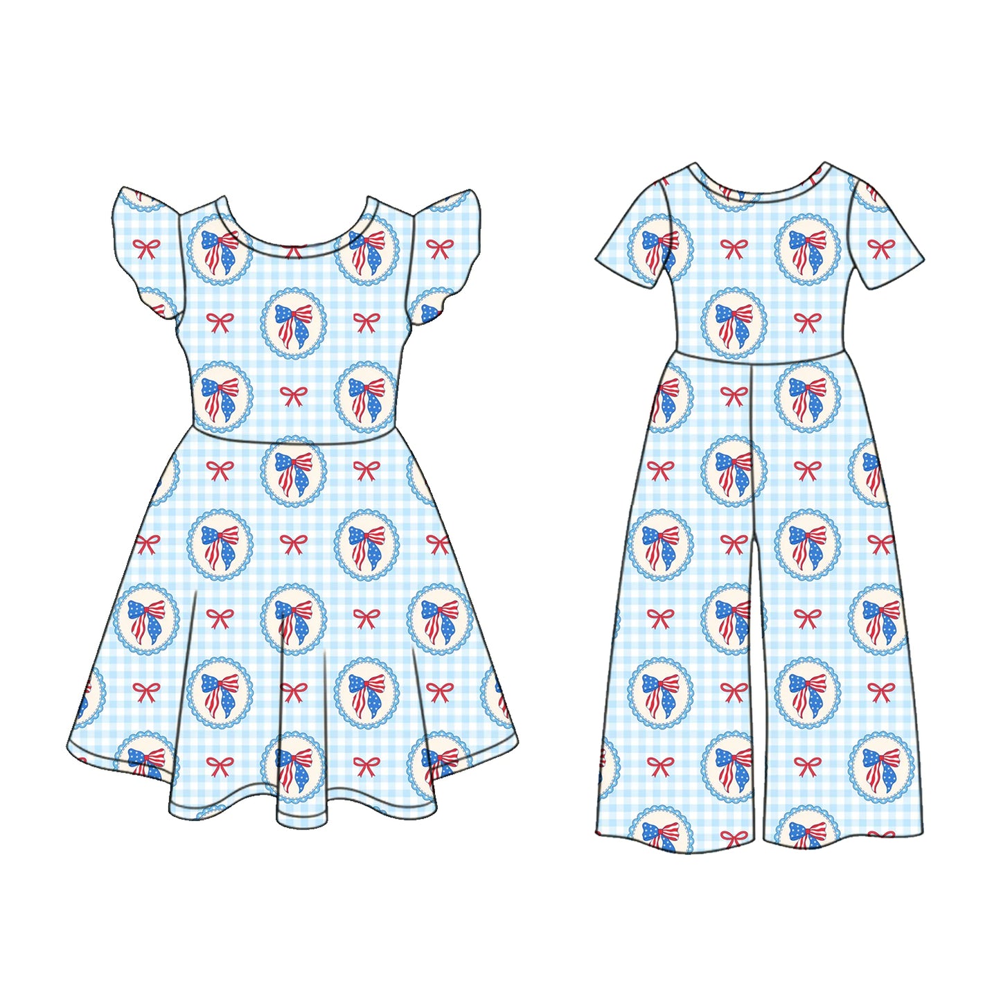 3.5 Custom moq 5 mix size Sibling Baby Girl's 4th of July Blue Plaid Flutter Sleeve Dress And Matching Short-Sleeved Jumpsuit Outfit Set