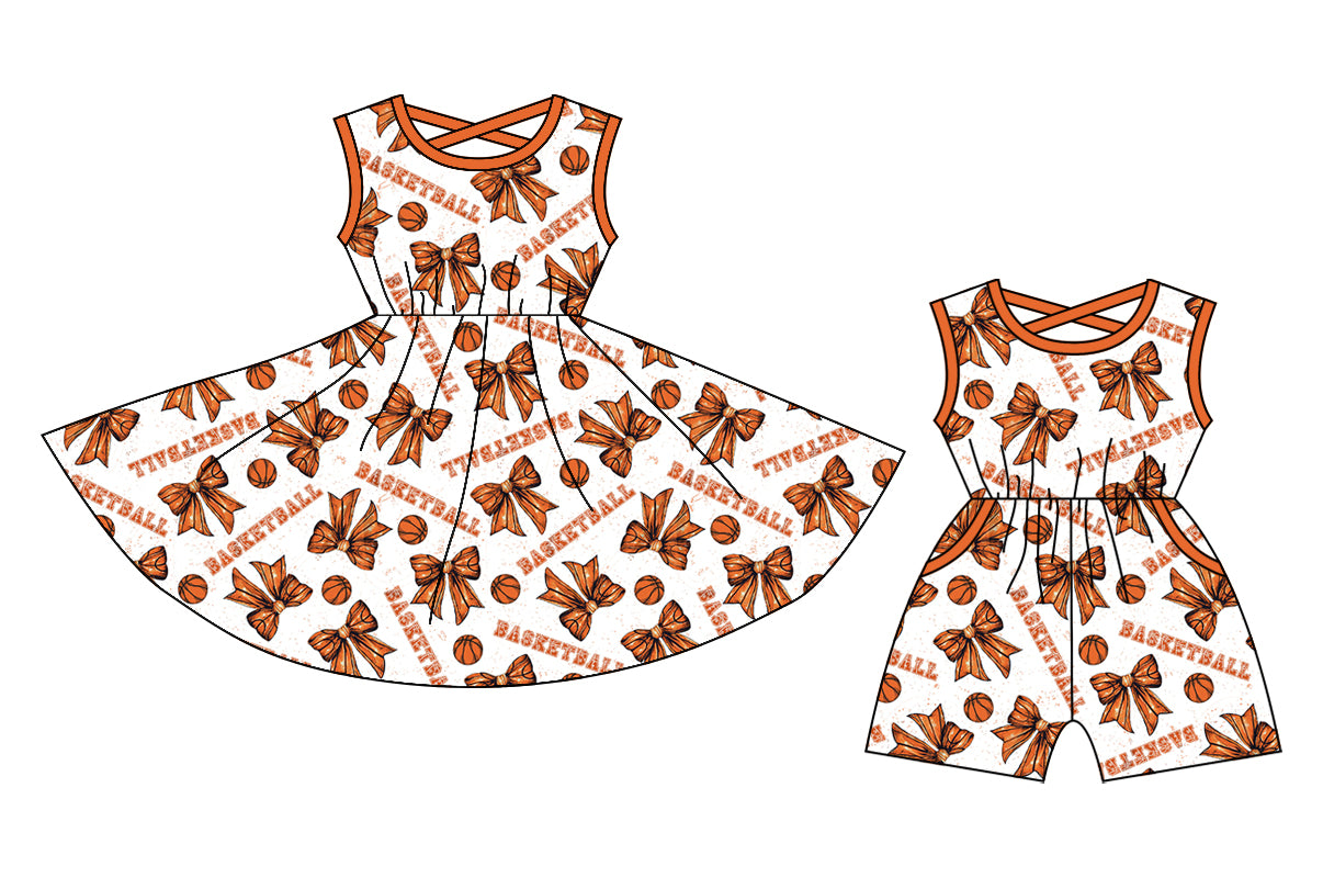12.24 custom each style moq 5eta 4-6week Sibling Sister basketball bow baby girl short sleeve shorts dress and jumpsuit match design