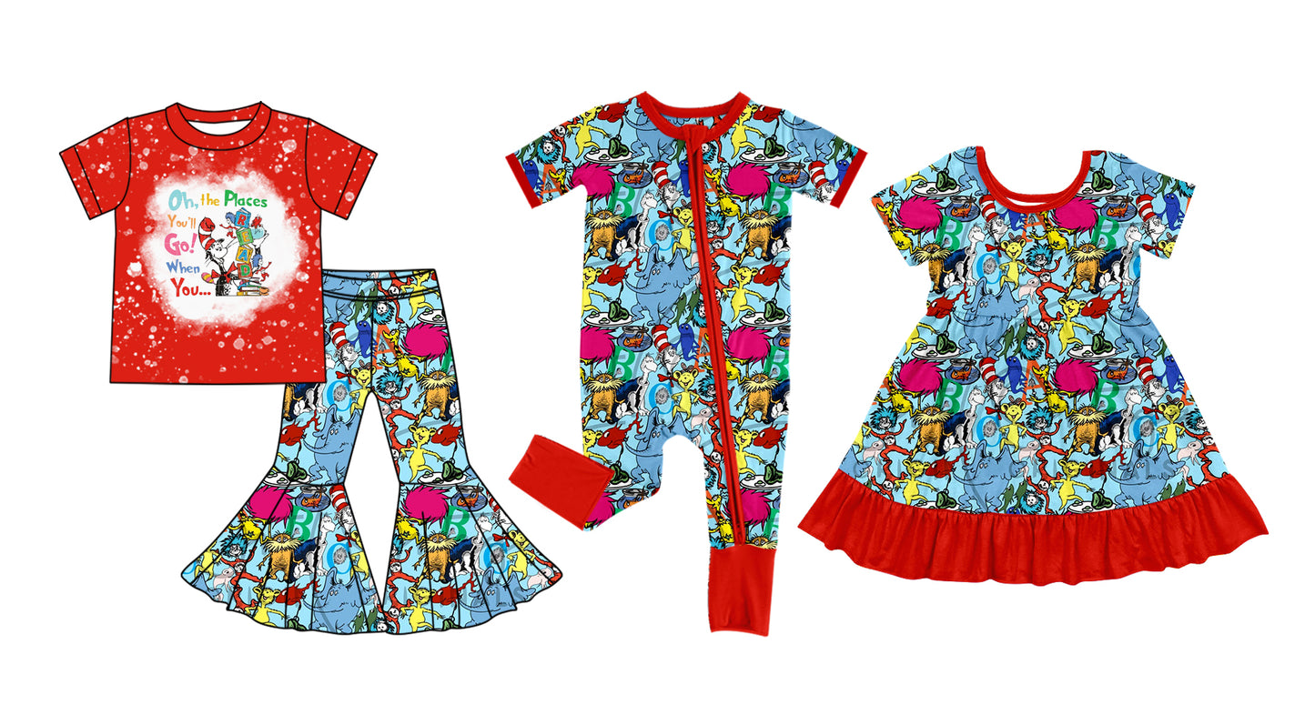 11.29 custom each style moq 5eta 4-6week Sibling Sister dr seuss baby girl sets and dress and rompers match family design