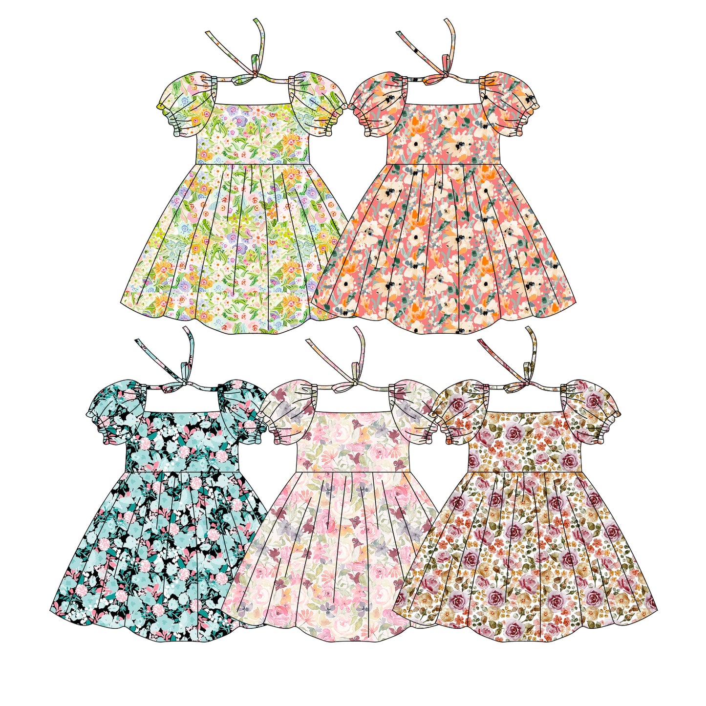 3.18 Custom moq 5 mix size Sibling Baby Girl's Floral Print Short-Sleeved Dress