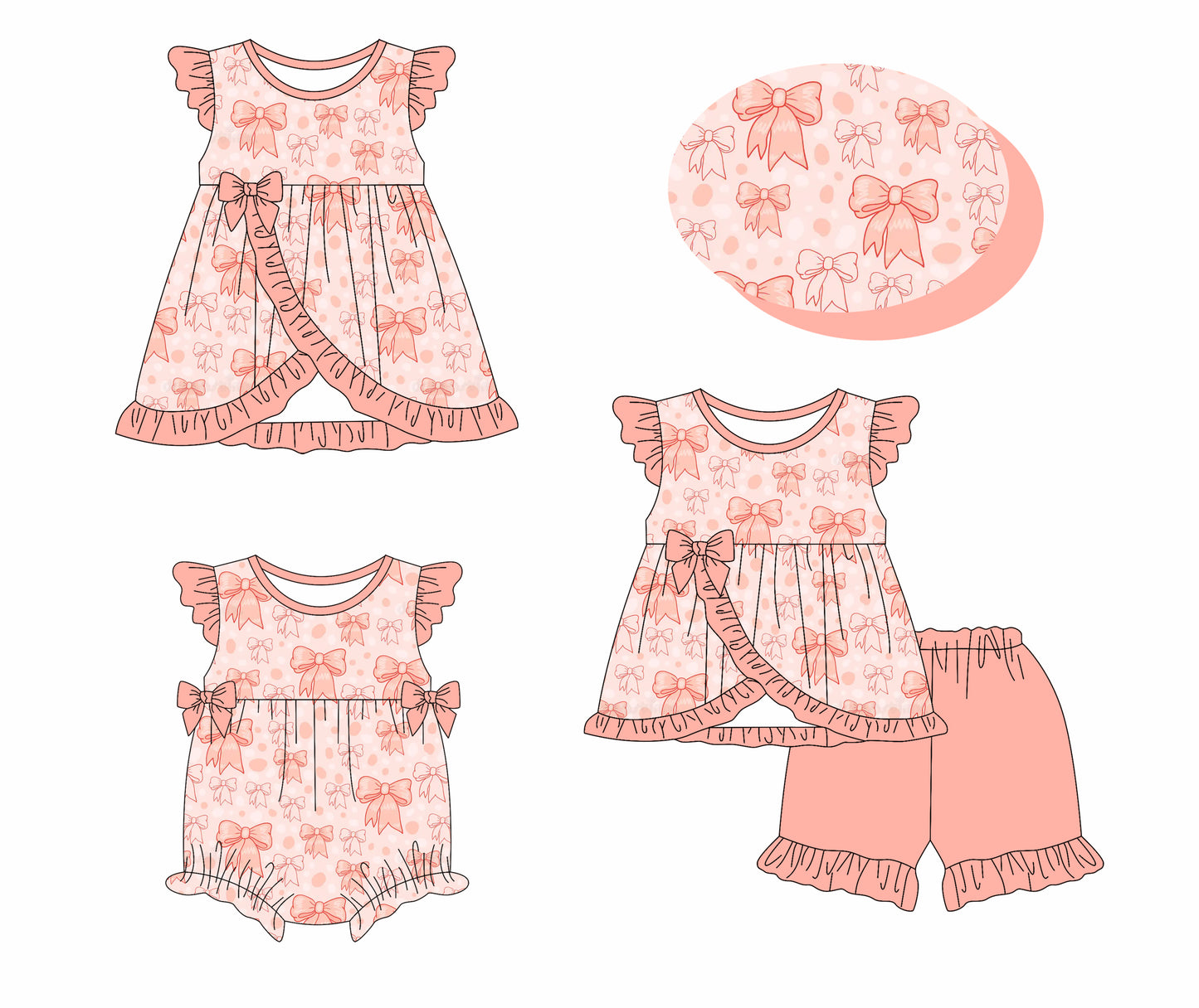 3.26 custom each style moq 5eta 4-6week Sibling Sisters bow baby girl short sleeve shorts sets and dress and rompers match family design