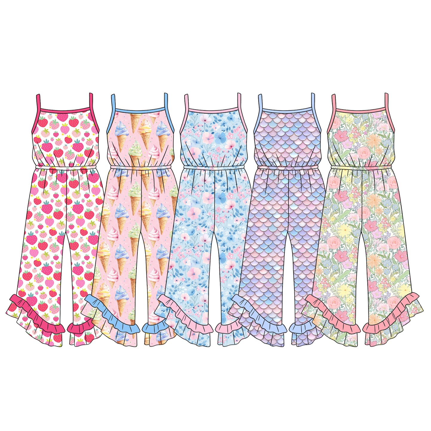 Custom moq 5 mix size Sibling Baby Girl Sleeveless Printed Jumpsuit for Spring/Summer Season