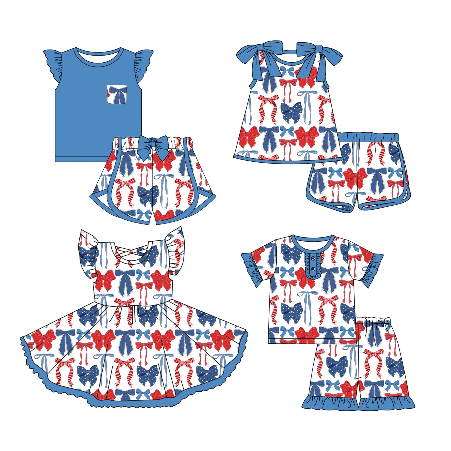 3.12 custom each style moq 5eta 4-6week Sibling Sister bow baby girls short sleeve set and set 2 and sets 3 and dress match design
