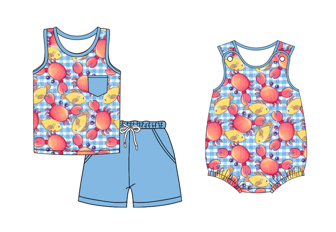 3.14 Custom moq 5 mix size Sibling Baby Boys Sleeveless Checked Romper Top And Blue Shorts Set for Infants