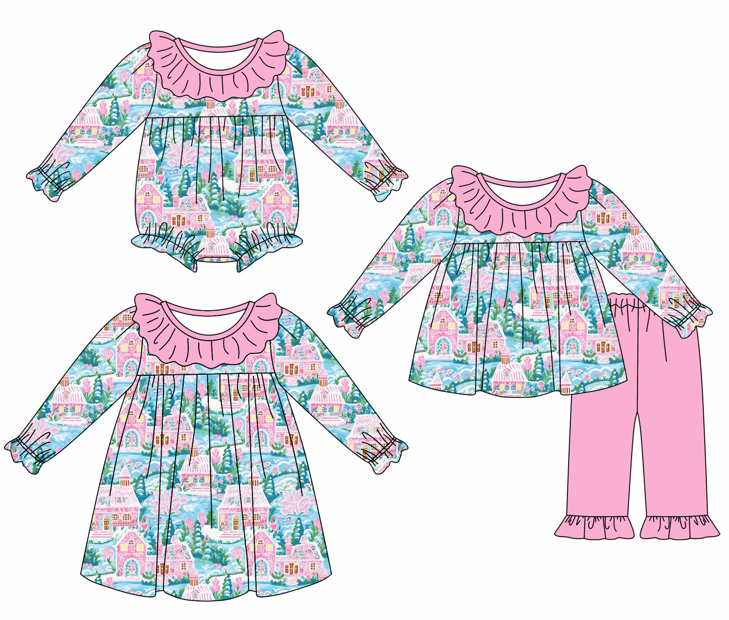 25.5.20 custom each style moq 5eta 4-6week Sibling Sisters baby girl long sleeve pants sets and dress and rompers match family design