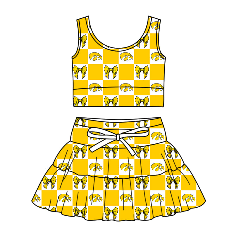 Custom moq 3 or 5 mix size milk silk summer teams baby girl clothes bow yellow sleeveless skirts sets-26.1.21