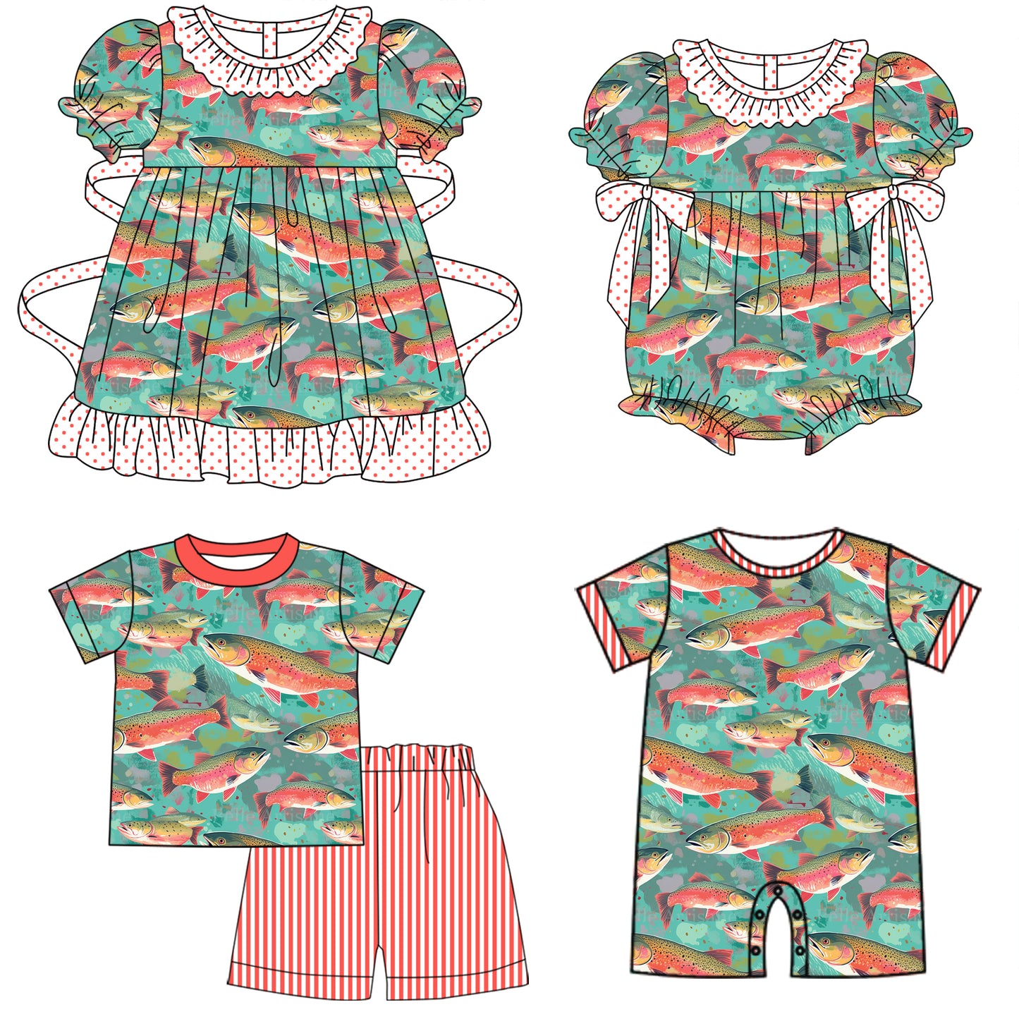 11.9 custom each style moq 5eta 4-6week Sibling Sister fish baby girl short sleeve shorts sets and girl romper and boy romper and dress match design