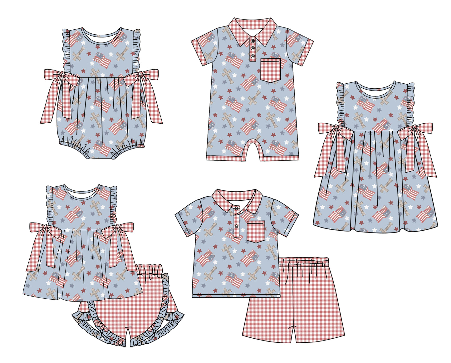 11.23 custom each style moq 5eta 4-6week Sibling Sister 4th of july flag baby girl short sleeve shorts sets and sets 2 and girls romper and boy romper and dress match design