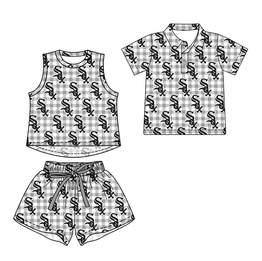 Custom moq 5 mix size milk silk summer teams Grey Checked Girls Sleeveless Top And Short Sets Boys Short Sleeve Button Polo Shirt Top