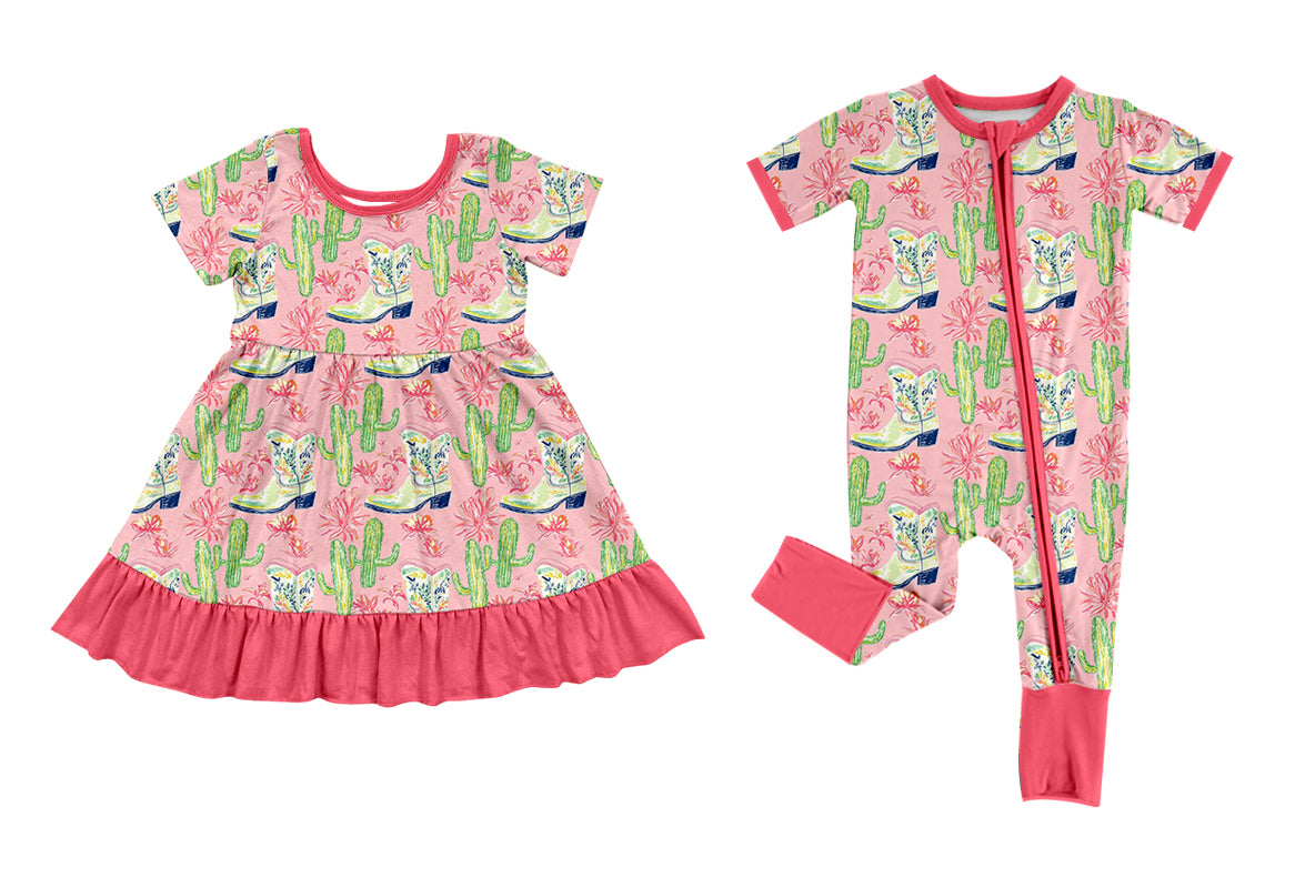 11.13 custom each style moq 5eta 4-6week Sibling Sister boot catcus baby girls sets and dress match family design