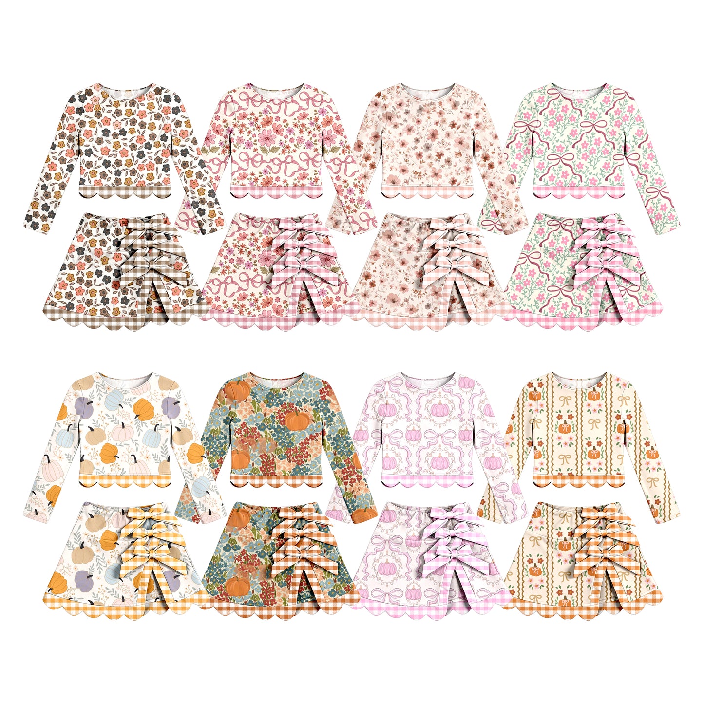 4.15 Custom moq 5 mix size Sibling Baby Girls Flower Pumpkin Long-Sleeved Top Scallop Short Skirt Set