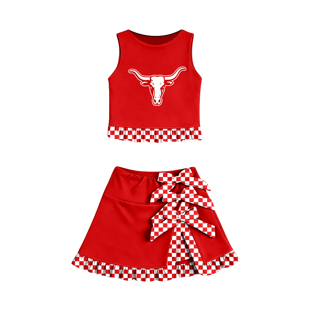 custom moq 5 mix size MSD070704 Baby Girls Summer Vest Checked Bow Scallop Edge Skort Yoga Active Clothes Set