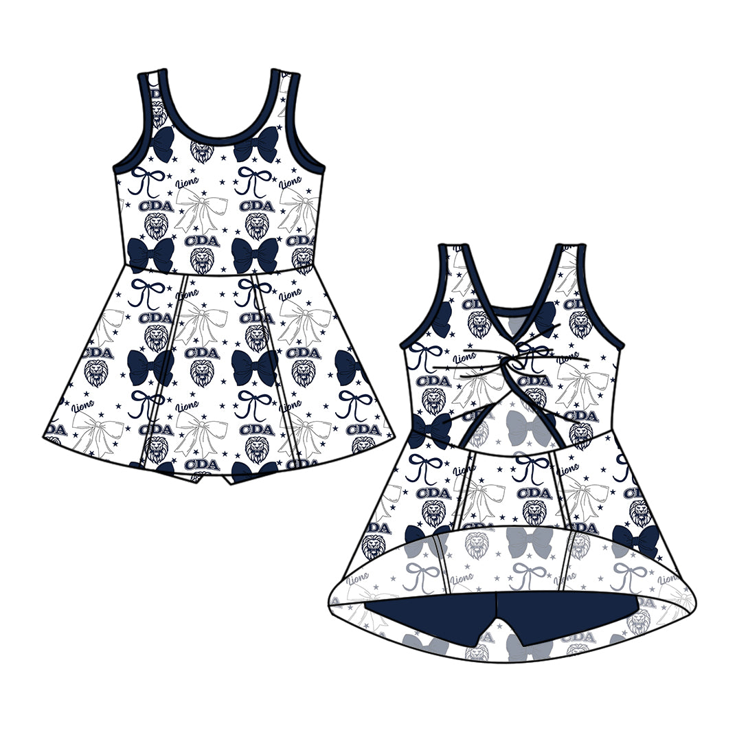 Custom moq 5 mix size milk silk baby girls clothes team bow navy blue sleeveless skirts sets 1 and set 2 and dress-25.7.18