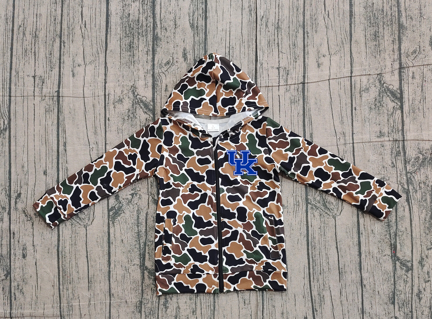Custom moq 5 mix size milk silk baby boys clothes team summer camouflage zipper hooded long sleeve top-25.11.22