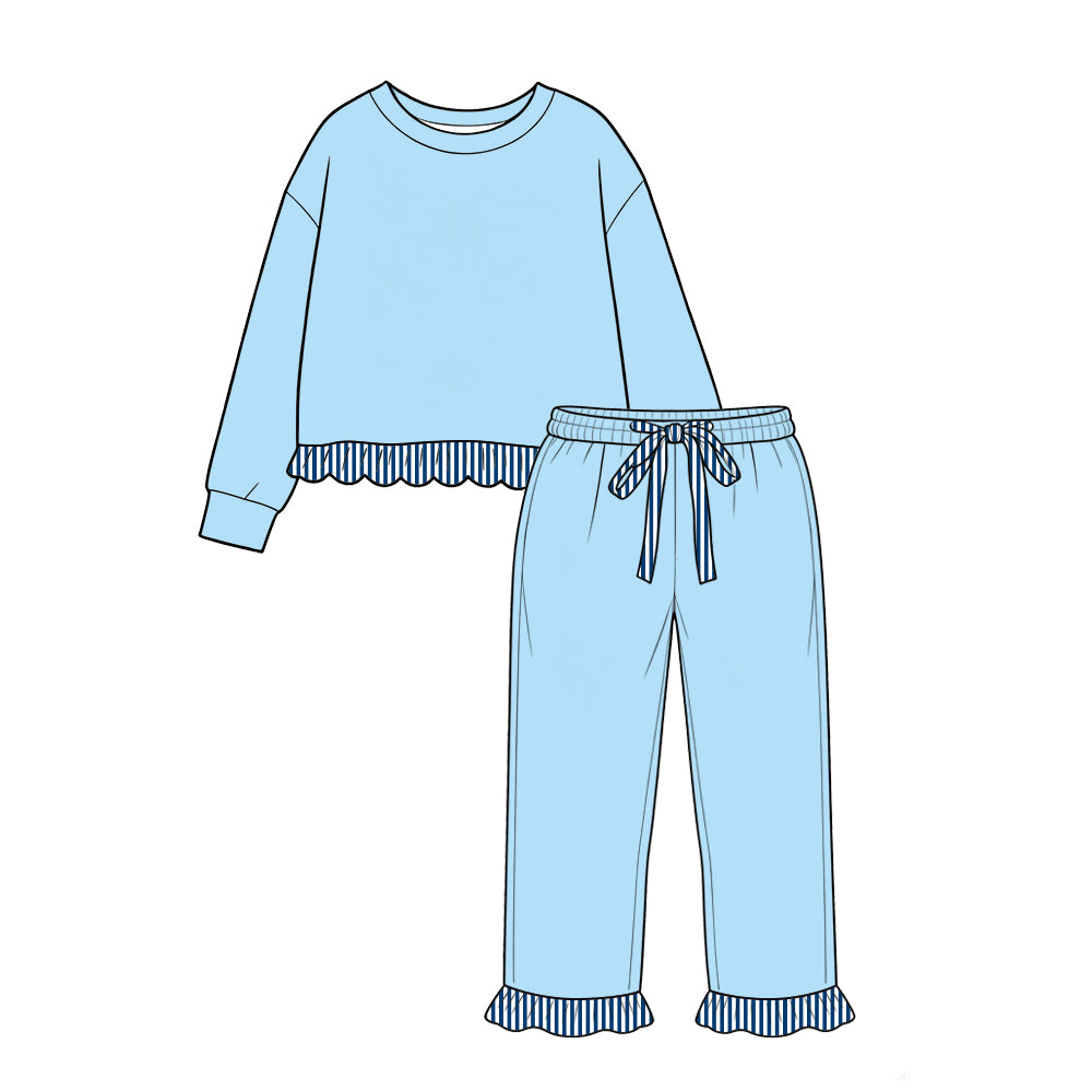 custom moq 5 mix size Baby Girls Light Blue Navy Striped Ruffle Trim Long Sleeve Top And Drawstring Striped Ruffle Pants Set