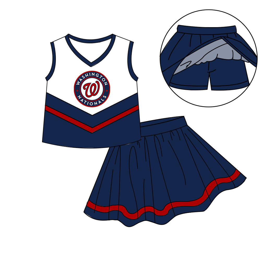Custom moq 5 mix size milk silk eta 6-8weeks summer teams navy blue baby girls clothes team sleeveless skirts shorts sets-25.7.8