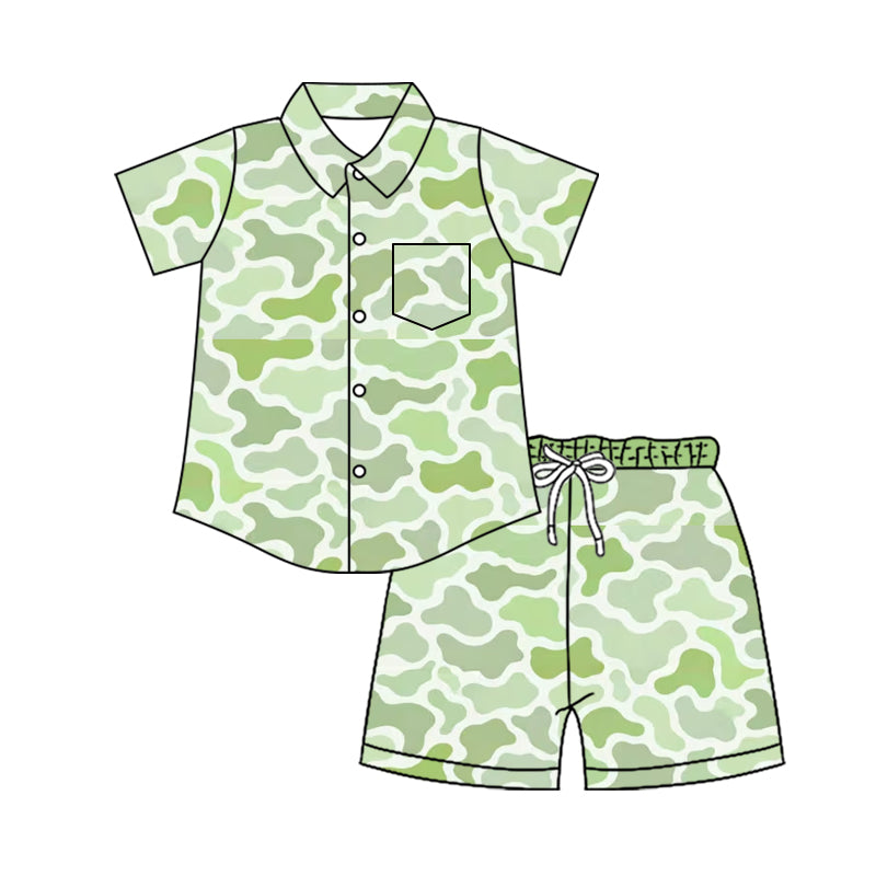 4.11 Custom moq 5 mix size Baby Boy Green Camo Short-Sleeved Button-Down Top with Pockets And Shorts Set