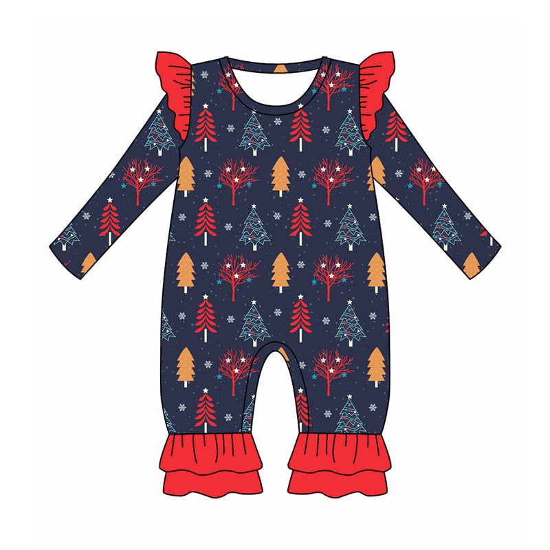 6.23 custom each style moq 5eta 4-6week Sibling Sister Christmas trees navy blue baby boys sets and dress and rompers match family design