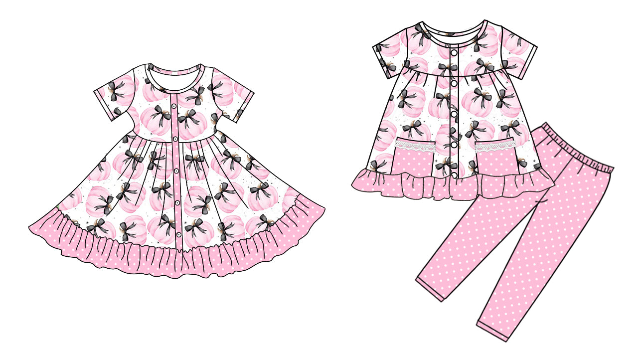 4.25 custom each style moq 5eta 4-6week Sibling Sisters pumpkin bow baby girl short sleeve pants sets and dress match family design