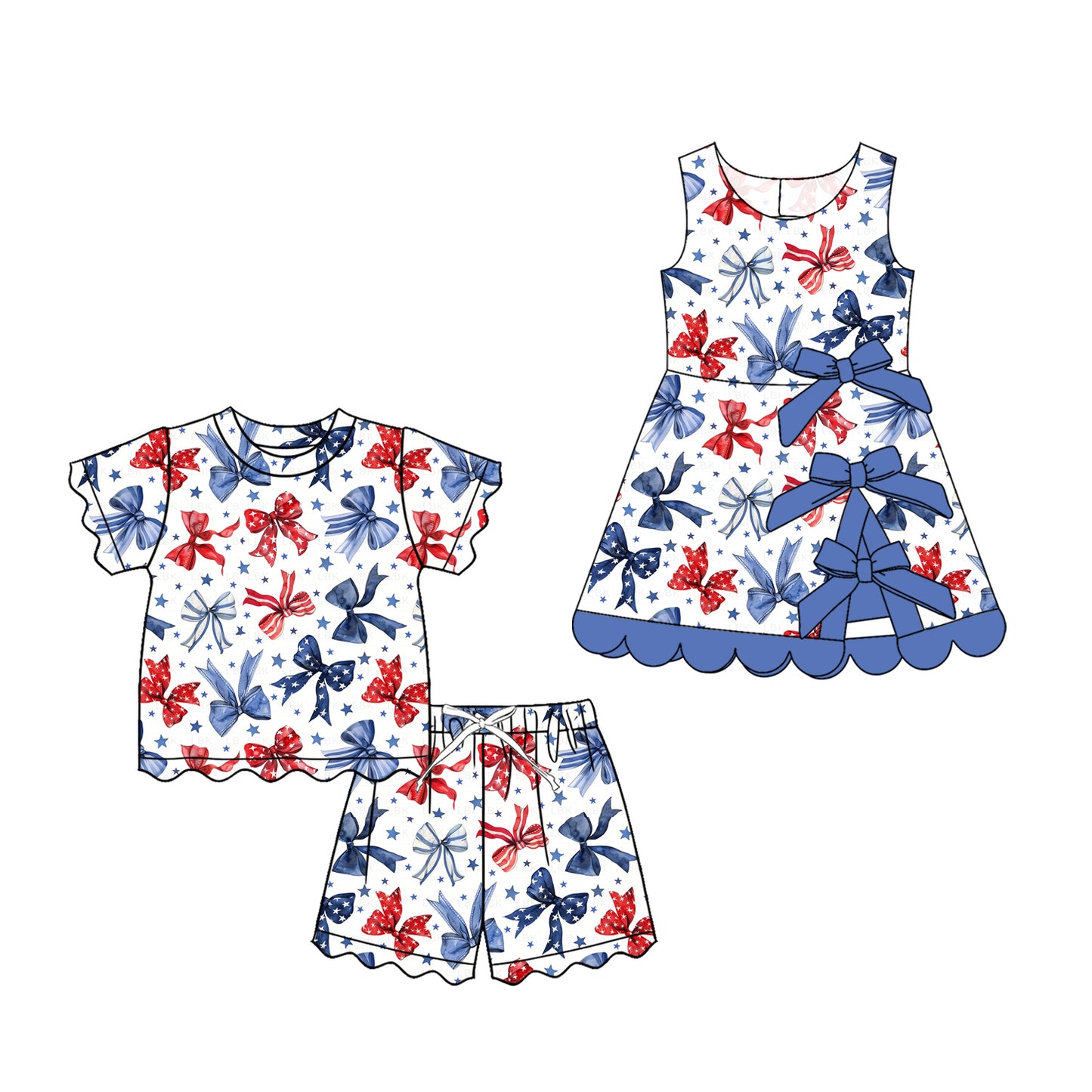 4.8 Custom moq 5 mix size Sibling Baby Girls 4th of July Bows Top And Short Scallop Clothes Sets Yoga Active Scallop Short Knee Length Dress