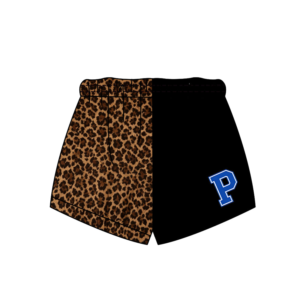 Custom moq 5 mix size milk silk summer teams Adult And Kids Leopard Black Patchwork Summer Shorts