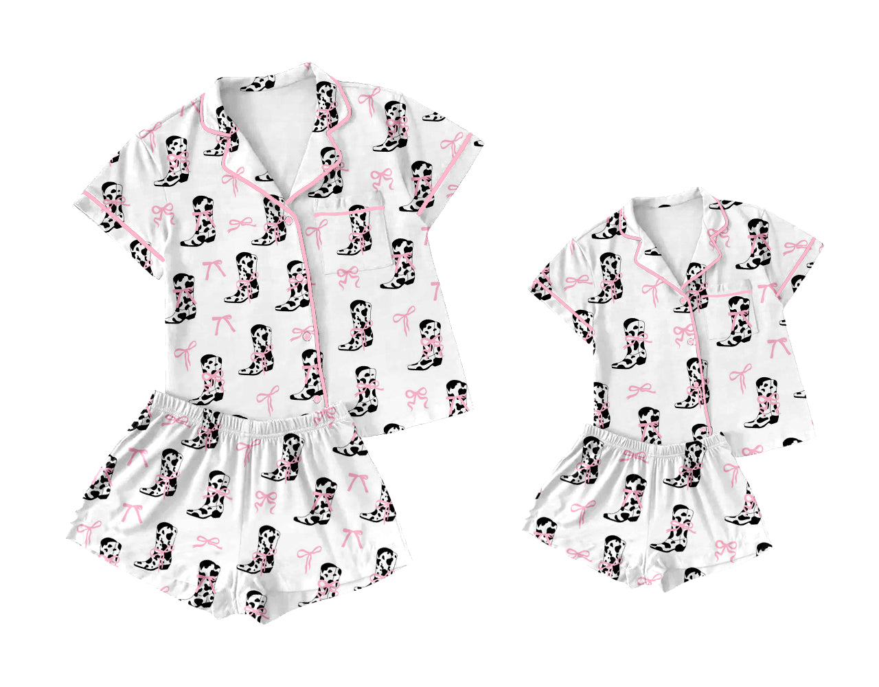 2.27 custom each style moq 5eta 4-6week Sibling Sister bow boot short sleeve shorts sets and adult sets match design