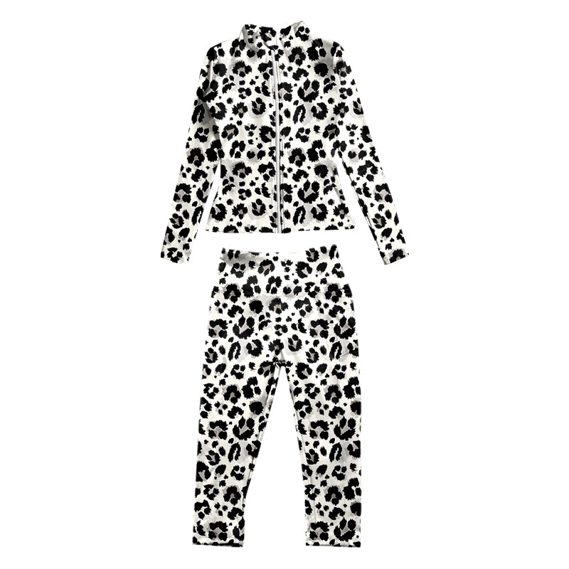 7.3 custom each style moq 5eta 4-6week baby girls clothes leopard black Yoga Suit Zipper Long Sleeve Pants Set