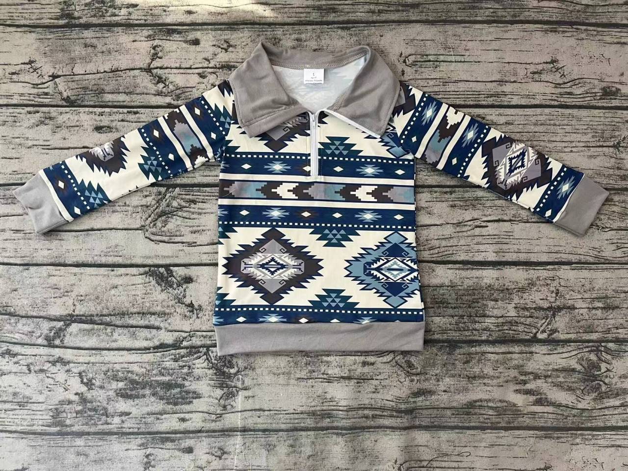 aztec Geometric Light Gray Zip Long Sleeve Top