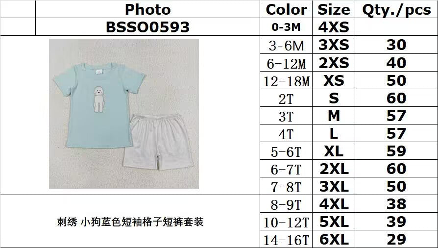 RTS BSSO0593 Embroidered Puppy Blue Short Sleeve Plaid Shorts Set