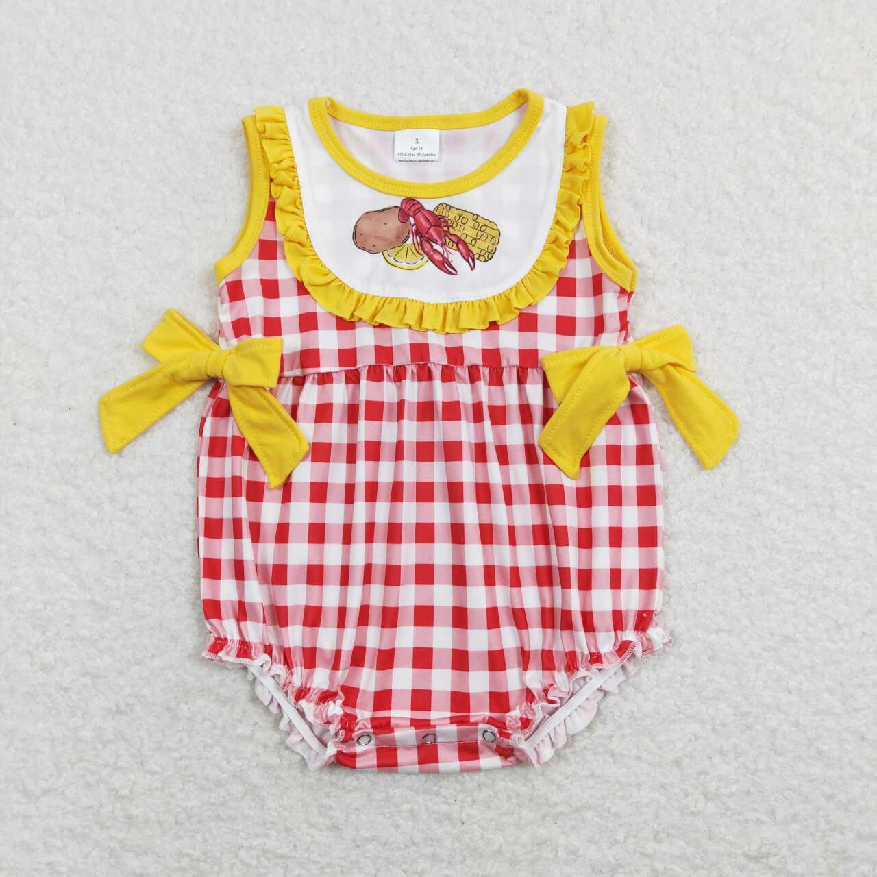 RTS NO MOQ(In Stock) Potato Crayfish Corn Yellow Lace Bow Red and White Plaid Vest Jumpsuit