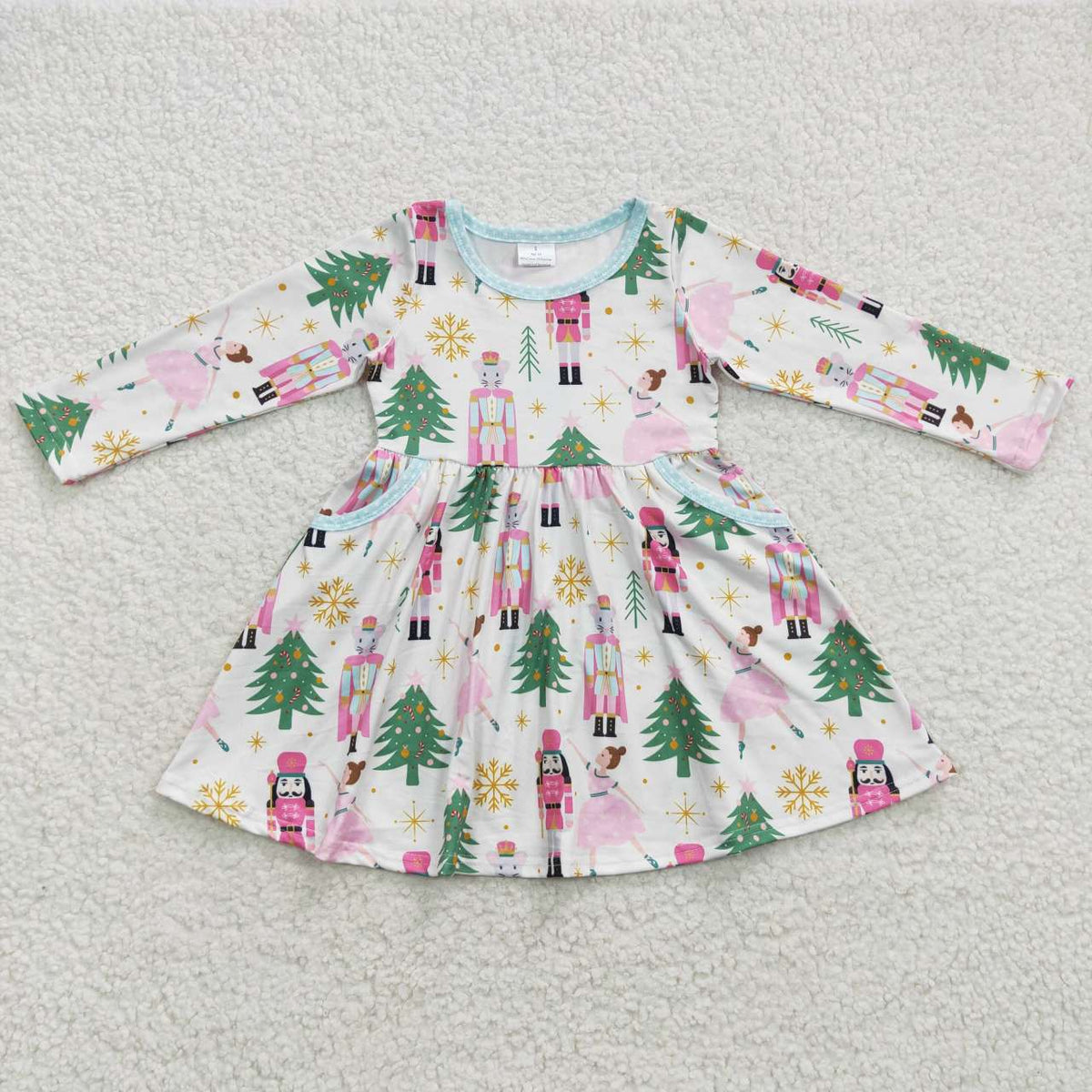 GLD0245 -Christmas Tree Snowflake White Long Sleeve Dress