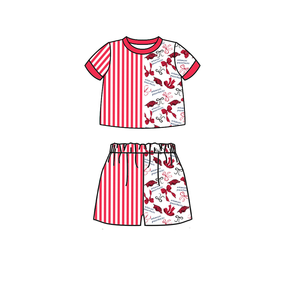 Custom moq 5 mix size milk silk summer teams Baby Red Striped Bow Print Short Sleeve Top And Shorts Set