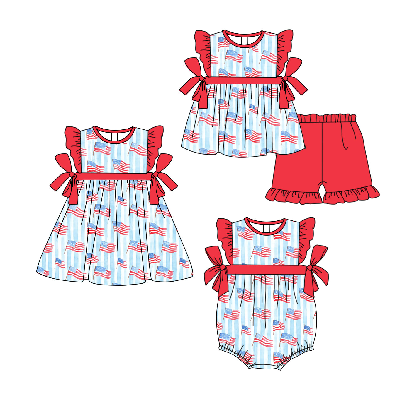 3.26 custom each style moq 5eta 4-6week Sibling Sisters flag baby girl short sleeve shorts sets and dress and rompers match family design