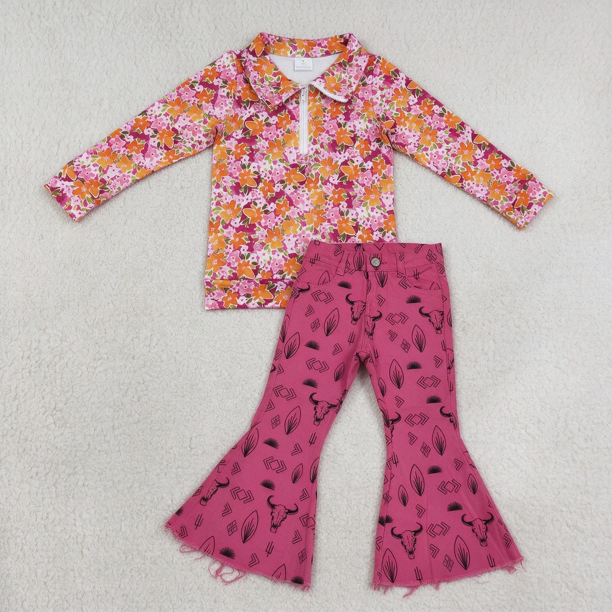 NEW RTS NO MOQ Denim GT1652+ P0159 Baby Girls Pink Floral Half Zip Collar Long Sleeve Top Pink Western Bell Bottom Denim Pant Set