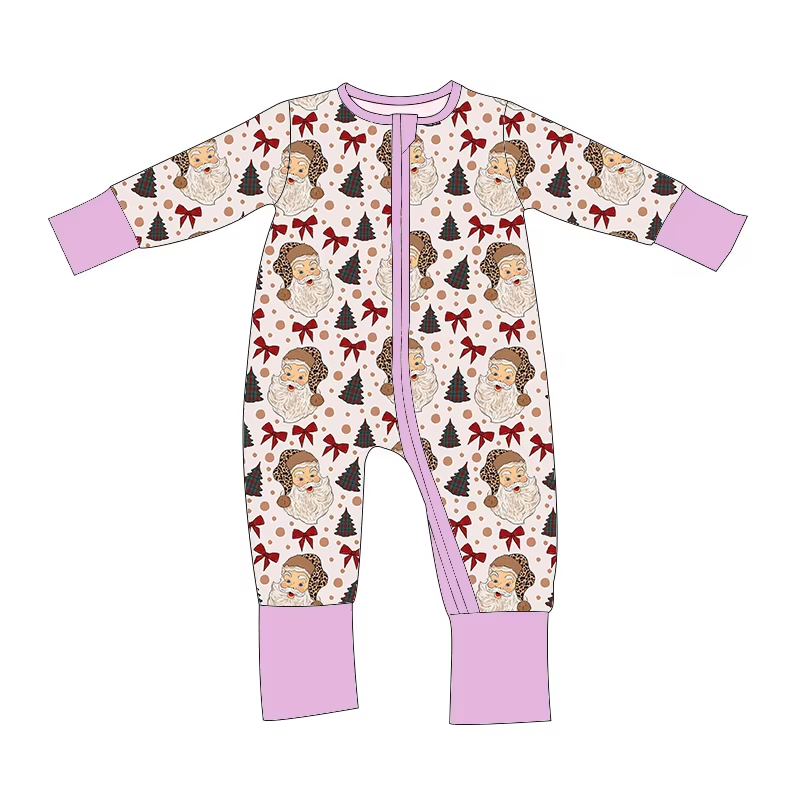 Custom moq 3 eta 7/8week moq 5 eta /4/5week Leopard Santa Claus pattern light purple long zip-up romper