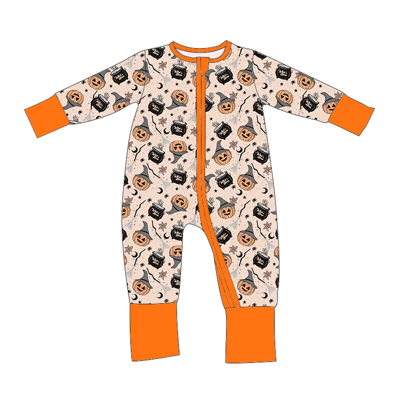Custom moq 3 eta 7/8week moq 5 eta /4/5week Smiley Pumpkin Stove Pattern Orange Long Zip-Up Romper